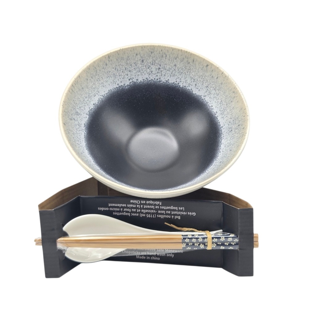 Signature Black Speckled Ceramic Ramen Noodle Bowl Set 40oz Chopsticks And Spoon